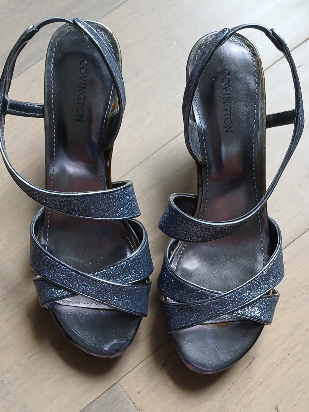 Covington Pewter Gray Sparkle Strappy Heels 7.5